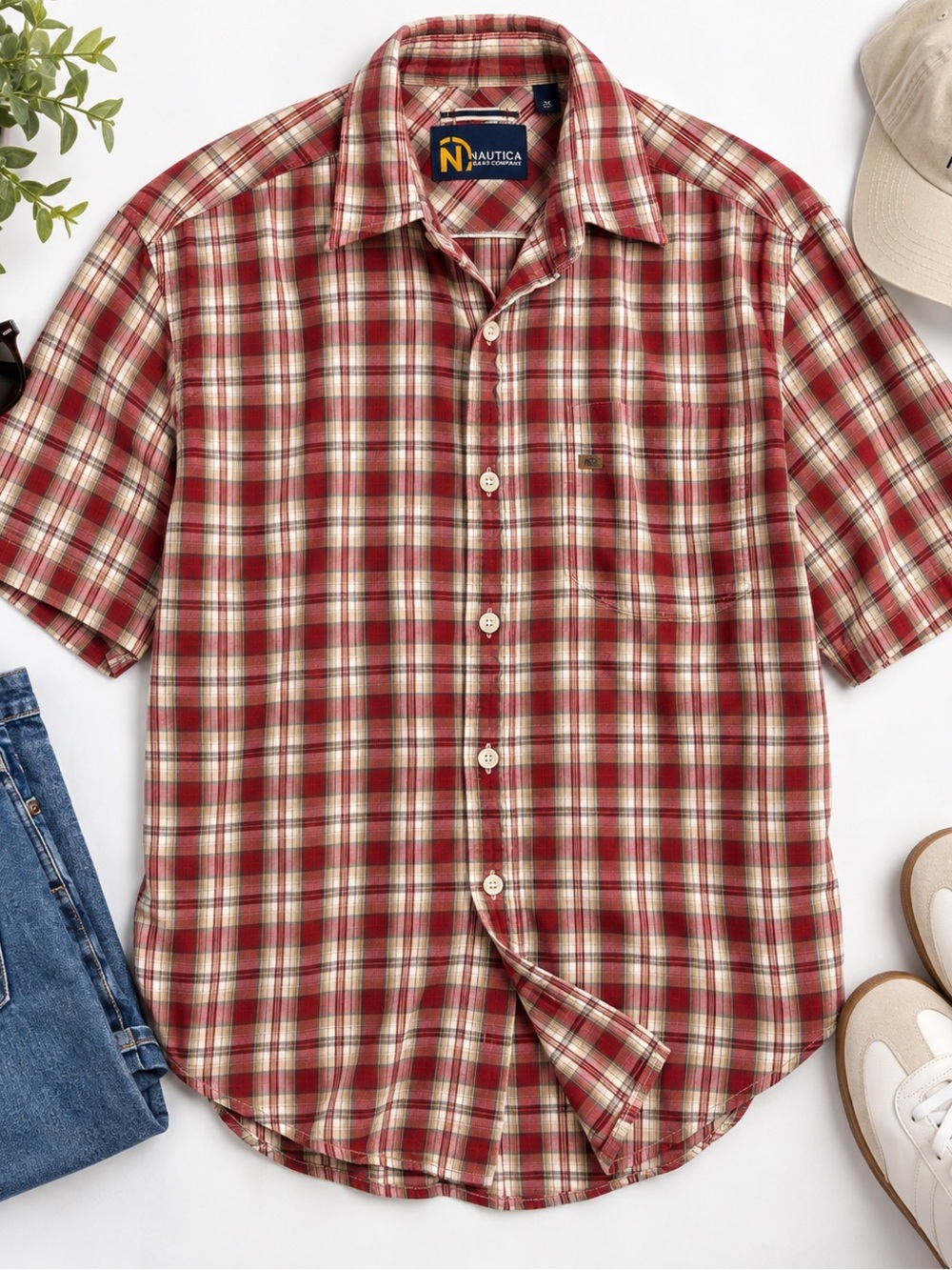 Nautica Men’s Red and Cream Plaid Short Sleeve Button-Down Shirt